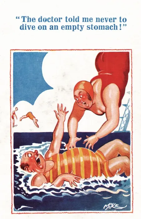 Framed Print : Comic postcard, Plump couple in the sea - don t dive on an empty stomach Framed Print : Comic postcard, Plump couple in the sea - don t dive on an empty stomach