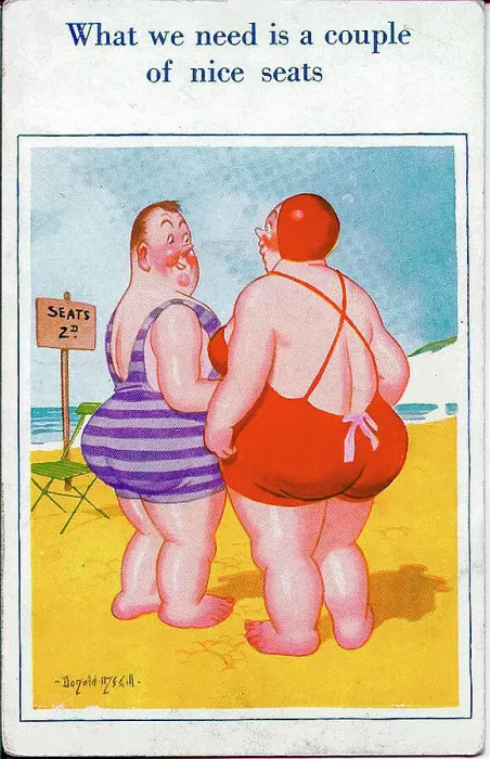 Framed Print : Comic postcard, Plump couple at the seaside Date: 20th century Framed Print : Comic postcard, Plump couple at the seaside Date: 20th century