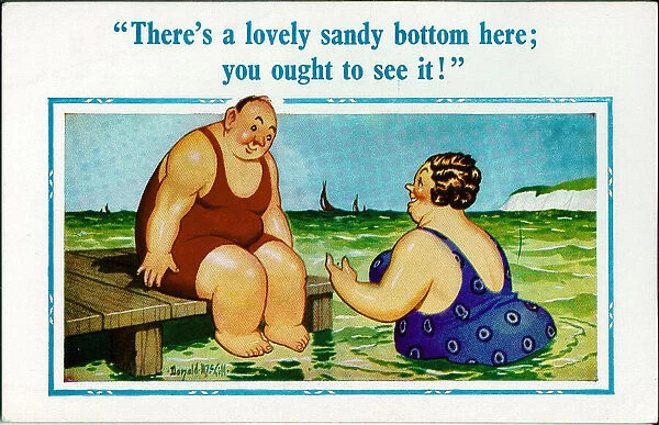Comic postcard, Plump couple at the seaside - sandy bottom Date: 20th century