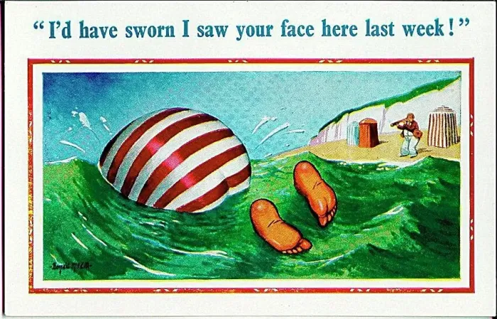 : Comic postcard, Plump holidaymaker in the sea, watched by man on beach with telescope. Date: 20th century : Comic postcard, Plump holidaymaker in the sea, watched by man on beach with telescope. Date: 20th century