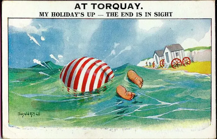 Framed Print : Comic postcard, Plump holidaymaker in the sea at Torquay. Date: 20th century