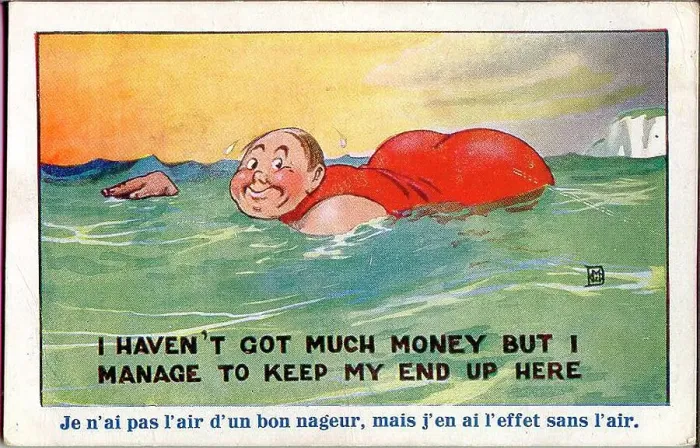 Framed Print : Comic postcard, Plump holidaymaker swimming in the sea. Date: 20th century Framed Print : Comic postcard, Plump holidaymaker swimming in the sea. Date: 20th century