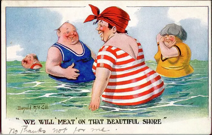 Framed Print : Comic postcard, Plump holidaymakers in the sea. Date: 20th century Framed Print : Comic postcard, Plump holidaymakers in the sea. Date: 20th century
