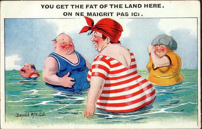 Framed Print : Comic postcard, Plump holidaymakers in the sea. Date: 20th century Framed Print : Comic postcard, Plump holidaymakers in the sea. Date: 20th century