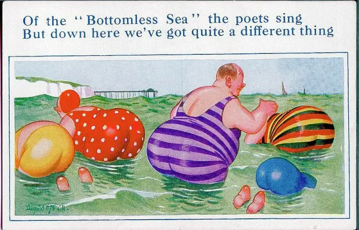 Framed Print : Comic postcard, Plump holidaymakers in the sea Framed Print : Comic postcard, Plump holidaymakers in the sea
