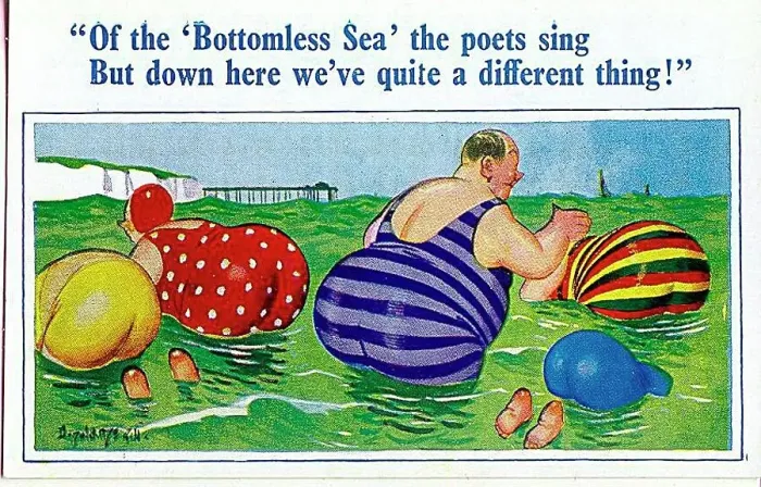 : Comic postcard, Plump holidaymakers in the sea Date: 20th century : Comic postcard, Plump holidaymakers in the sea Date: 20th century