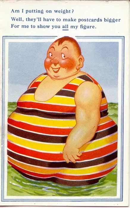 Framed Print : Comic postcard, Plump man bathing in the sea Framed Print : Comic postcard, Plump man bathing in the sea