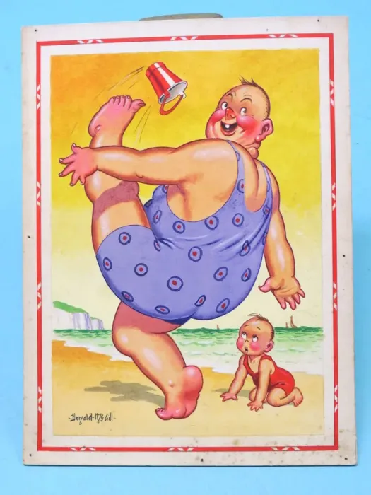 Framed Print : Comic postcard, Plump man on the beach Framed Print : Comic postcard, Plump man on the beach