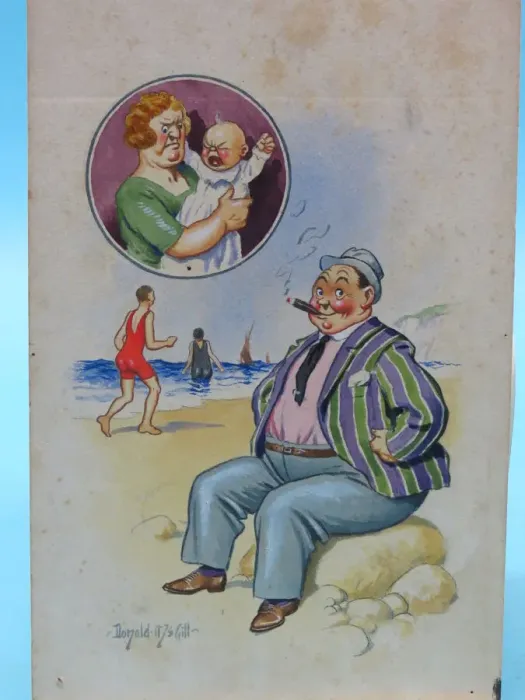 Framed Print : Comic postcard, Plump man on the beach Framed Print : Comic postcard, Plump man on the beach