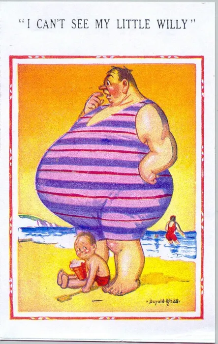 Framed Print : Comic postcard - plump man on the beach - I Can t See My Little Willy Date Framed Print : Comic postcard - plump man on the beach - I Can t See My Little Willy Date