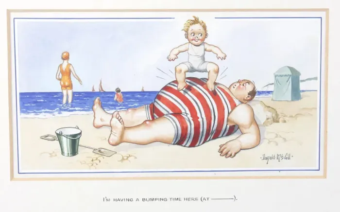 Framed Print : Comic postcard, Plump man and boy on the beach Framed Print : Comic postcard, Plump man and boy on the beach