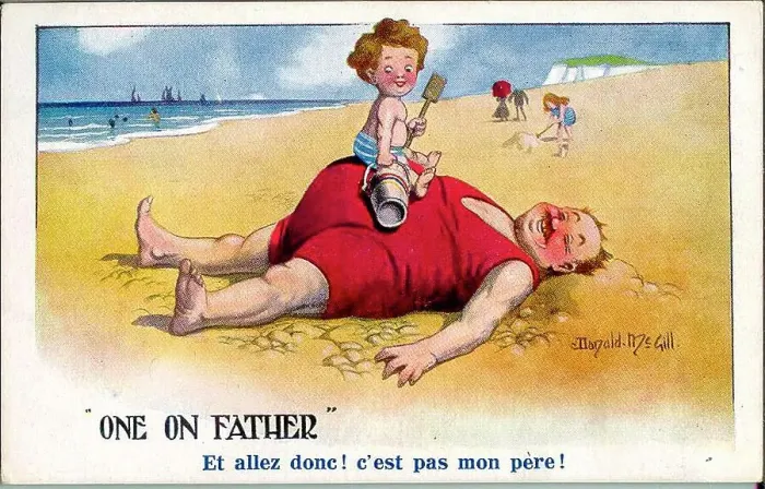Framed Print : Comic postcard, Plump man and child on the beach Date: 20th century Framed Print : Comic postcard, Plump man and child on the beach Date: 20th century