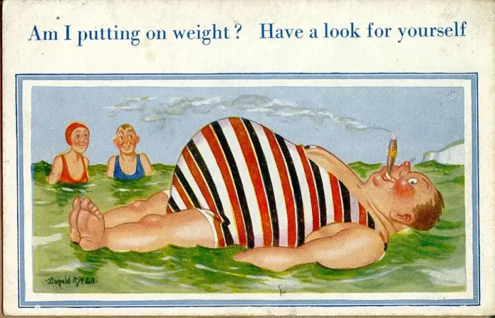 Framed Print : Comic postcard, Plump man floating on the sea Date: 20th century Framed Print : Comic postcard, Plump man floating on the sea Date: 20th century