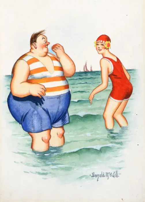 Framed Print : Comic postcard, Plump man and pretty woman at the seaside Framed Print : Comic postcard, Plump man and pretty woman at the seaside