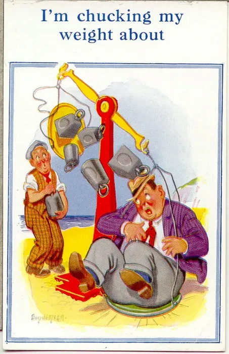 Framed Print : Comic postcard, Plump man weighing himself on scales on the beach Date: 20th century Framed Print : Comic postcard, Plump man weighing himself on scales on the beach Date: 20th century
