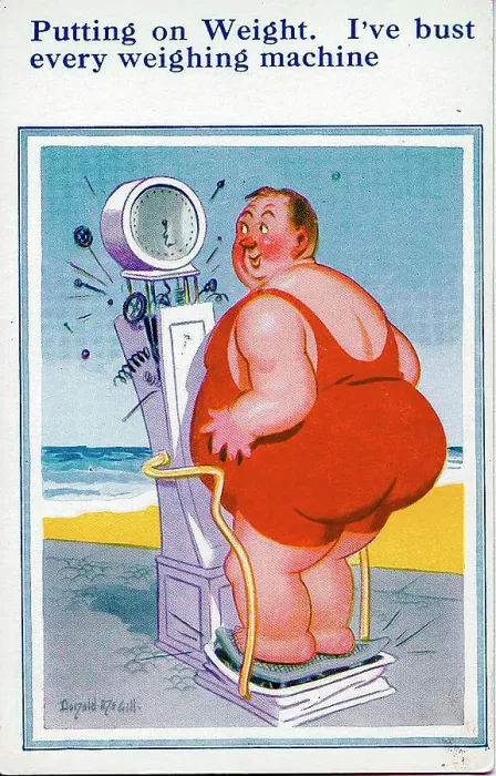 Framed Print : Comic postcard, Plump man weighing himself at the seaside Date: 20th century Framed Print : Comic postcard, Plump man weighing himself at the seaside Date: 20th century