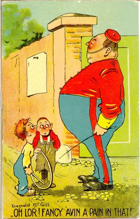 Framed Print : Comic postcard, Plump soldier and two boys Date: 20th century Framed Print : Comic postcard, Plump soldier and two boys Date: 20th century