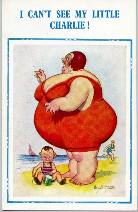 Framed Print : Comic postcard - plump woman on beach - I Can t See My Little Charlie Date Framed Print : Comic postcard - plump woman on beach - I Can t See My Little Charlie Date