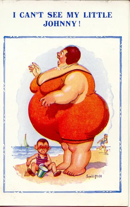 Framed Print : Comic postcard - plump woman on beach - I Can t See My Little Johnny Date: circa 1949 Framed Print : Comic postcard - plump woman on beach - I Can t See My Little Johnny Date: circa 1949
