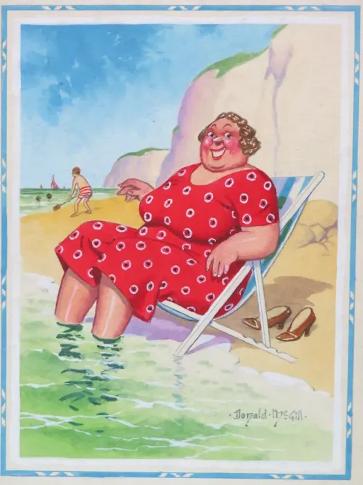 Framed Print : Comic postcard, Plump woman in a deckchair. Come down here and soak your corns with mine Framed Print : Comic postcard, Plump woman in a deckchair. Come down here and soak your corns with mine