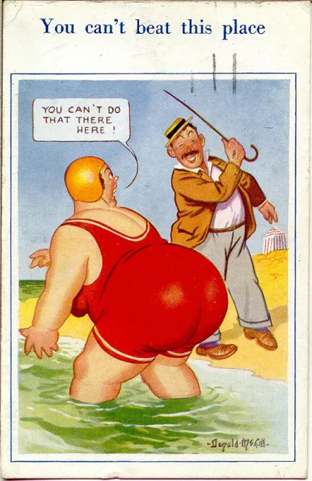 Framed Print : Comic postcard, Plump woman paddling in the sea Framed Print : Comic postcard, Plump woman paddling in the sea