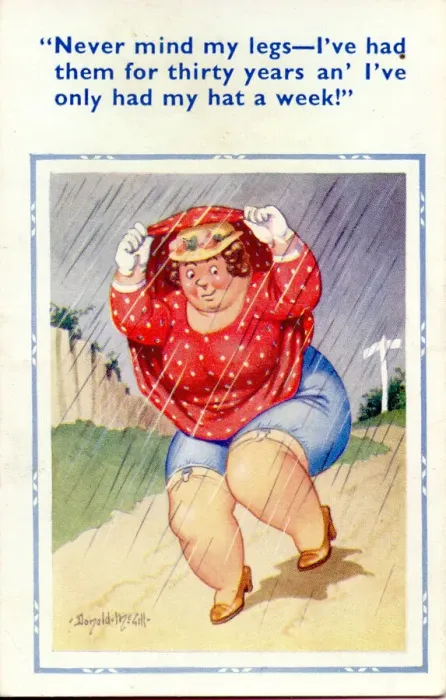 Framed Print : Comic postcard, Plump woman in the rain Date: 20th century Framed Print : Comic postcard, Plump woman in the rain Date: 20th century