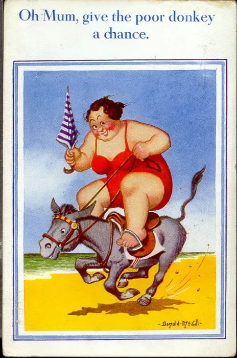Framed Print : Comic postcard, Plump woman riding donkey on beach Framed Print : Comic postcard, Plump woman riding donkey on beach