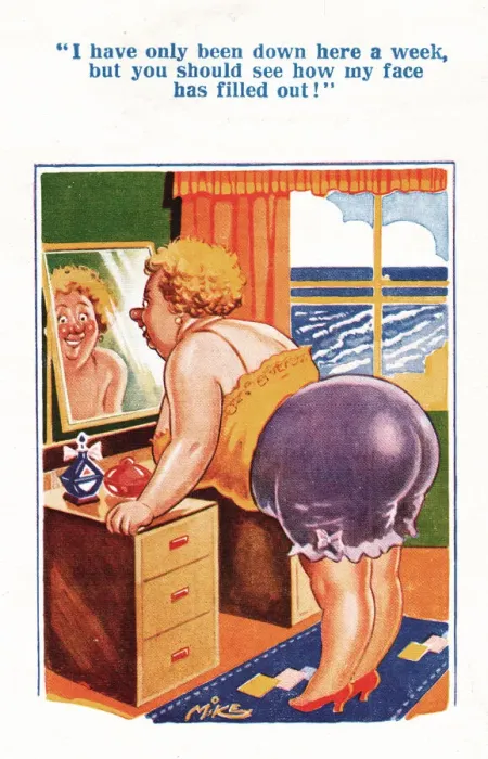 Framed Print : Comic postcard, Plump woman at the seaside Framed Print : Comic postcard, Plump woman at the seaside