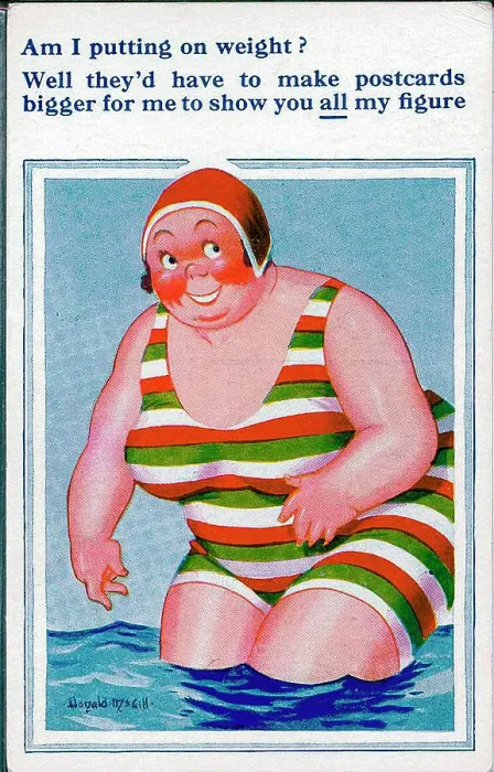 Framed Print : Comic postcard, Plump woman at the seaside Date: 20th century Framed Print : Comic postcard, Plump woman at the seaside Date: 20th century