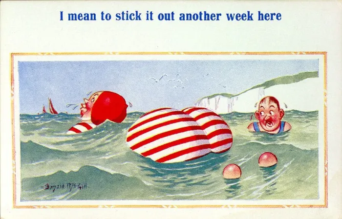 Framed Print : Comic postcard, Plump woman swimming in the sea Date: 20th century Framed Print : Comic postcard, Plump woman swimming in the sea Date: 20th century