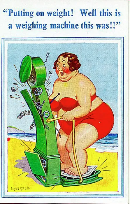 : Comic postcard, Plump woman weighing herself on the beach and breaking the machine Date: 20th century : Comic postcard, Plump woman weighing herself on the beach and breaking the machine Date: 20th century