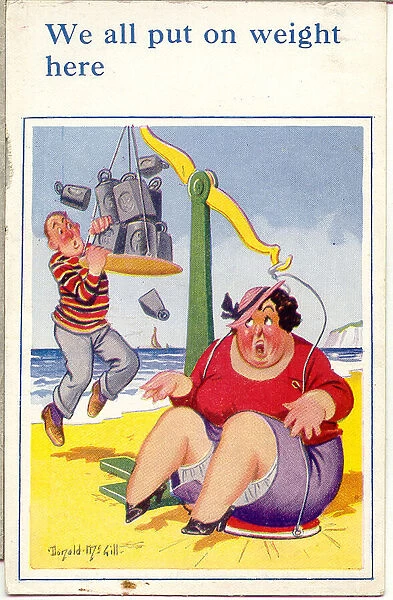 Comic postcard, Plump woman weighing herself on scales on the beach Date