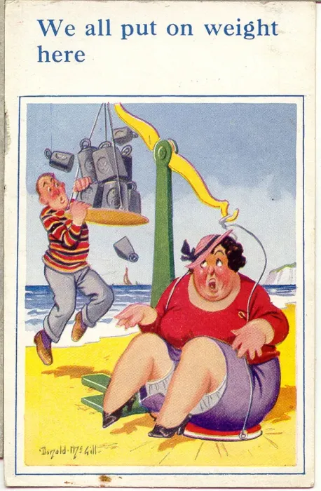 Framed Print : Comic postcard, Plump woman weighing herself on scales on the beach Date Framed Print : Comic postcard, Plump woman weighing herself on scales on the beach Date