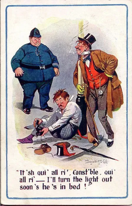 Framed Print : Comic postcard, Policeman and two drunks in the street Date: early 20th century Framed Print : Comic postcard, Policeman and two drunks in the street Date: early 20th century