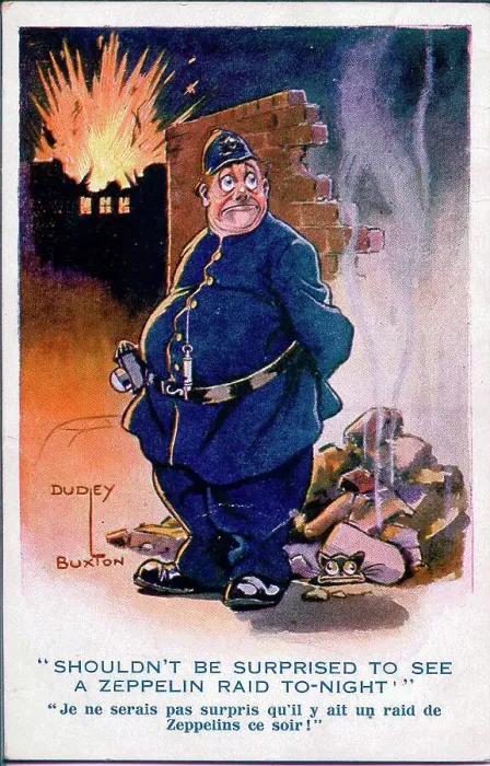 Framed Print : Comic postcard, Policeman expecting air raid - Shouldn't be surprised to see a Zeppelin raid tonight! Date: 1914-1918 Framed Print : Comic postcard, Policeman expecting air raid - Shouldn't be surprised to see a Zeppelin raid tonight! Date: 1914-1918
