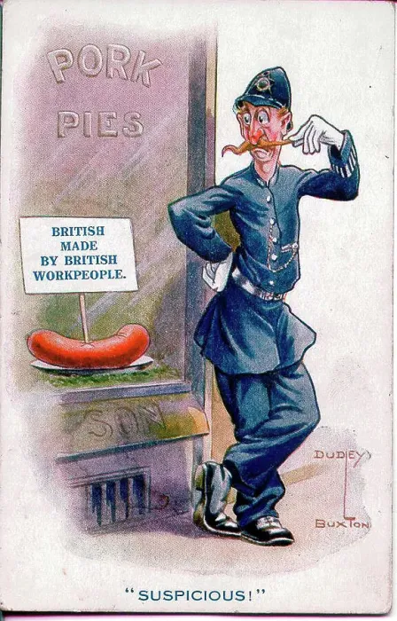 Framed Print : Comic postcard, Policeman suspicious of sausage, claimed to be British made by British workpeople Date: 1914-1918 Framed Print : Comic postcard, Policeman suspicious of sausage, claimed to be British made by British workpeople Date: 1914-1918
