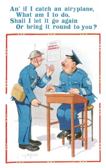 Framed Print : Comic postcard, two policeman in wartime, WW2 - Special Constable in need of some Framed Print : Comic postcard, two policeman in wartime, WW2 - Special Constable in need of some