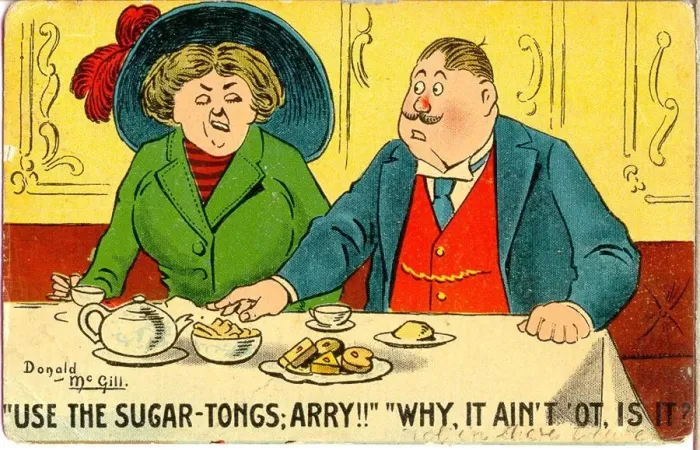Framed Print : Comic postcard, Polite table manners Date: 20th century Framed Print : Comic postcard, Polite table manners Date: 20th century