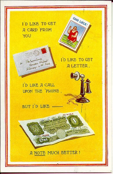 Comic postcard, Postcard, letter, phone and money Date: 20th century