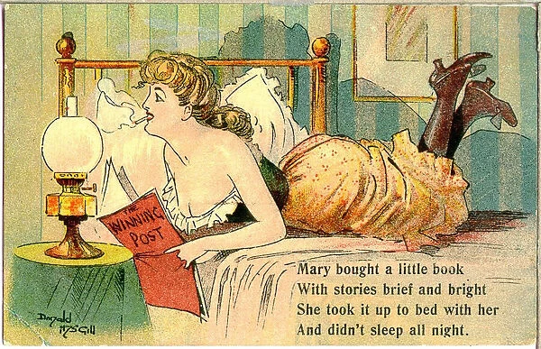 Comic postcard, Pretty woman in her bedroom