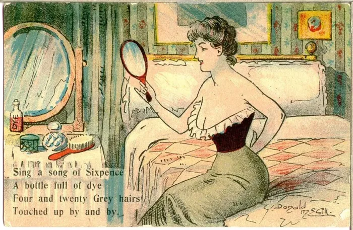 Framed Print : Comic postcard, Pretty woman in her bedroom - grey hairs Date: 20th century Framed Print : Comic postcard, Pretty woman in her bedroom - grey hairs Date: 20th century