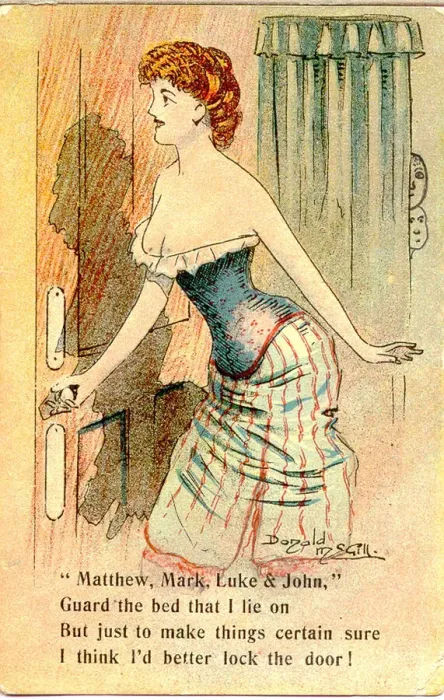 Framed Print : Comic postcard, Pretty woman in her bedroom - locking the door Date: 20th century Framed Print : Comic postcard, Pretty woman in her bedroom - locking the door Date: 20th century