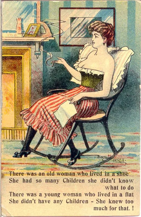 Framed Print : Comic postcard, Pretty woman in her bedroom - sitting in a rocking chair Date Framed Print : Comic postcard, Pretty woman in her bedroom - sitting in a rocking chair Date