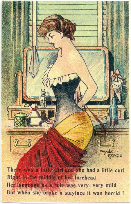 Framed Print : Comic postcard, Pretty woman in her bedroom - tying her stays Date: 20th century Framed Print : Comic postcard, Pretty woman in her bedroom - tying her stays Date: 20th century