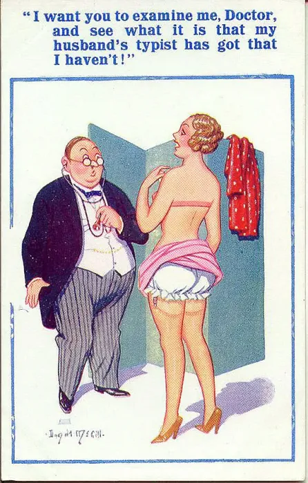Framed Print : Comic postcard, Pretty woman and doctor Date: 20th century Framed Print : Comic postcard, Pretty woman and doctor Date: 20th century