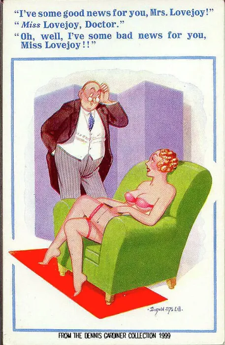 Framed Print : Comic postcard, Pretty woman and doctor - good news, bad news. Date: 20th century Framed Print : Comic postcard, Pretty woman and doctor - good news, bad news. Date: 20th century