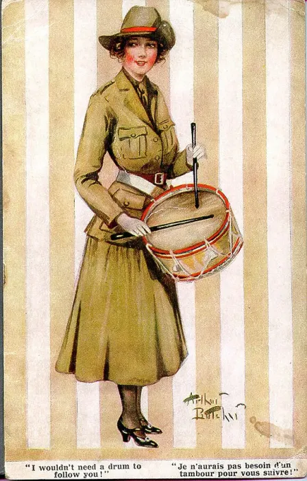 Framed Print : Comic postcard, Pretty woman in khaki uniform, playing a drum - I wouldn't need a drum to follow you! Date: 1914-1918 Framed Print : Comic postcard, Pretty woman in khaki uniform, playing a drum - I wouldn't need a drum to follow you! Date: 1914-1918