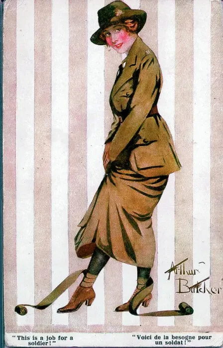 Framed Print : Comic postcard, Pretty woman in khaki uniform - This is a job for a soldier! Date: 1914-1918 Framed Print : Comic postcard, Pretty woman in khaki uniform - This is a job for a soldier! Date: 1914-1918