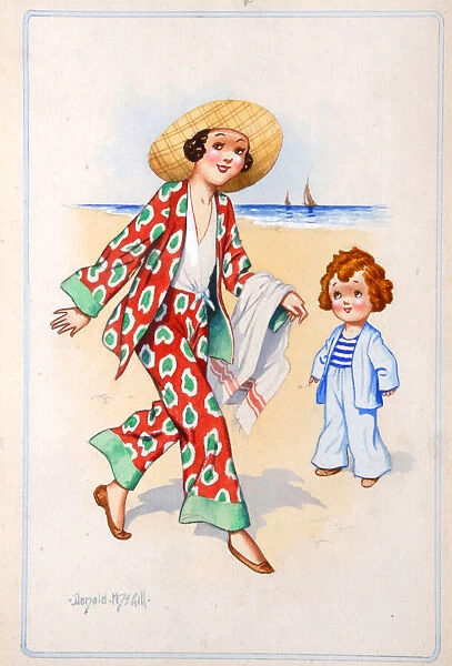 Comic postcard, Pretty woman and little girl at the seaside Date: 20th century