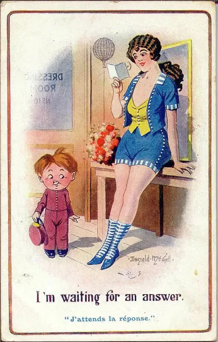 Framed Print : Comic postcard, Pretty woman and messenger boy in theatre dressing room. Date: early 20th century Framed Print : Comic postcard, Pretty woman and messenger boy in theatre dressing room. Date: early 20th century